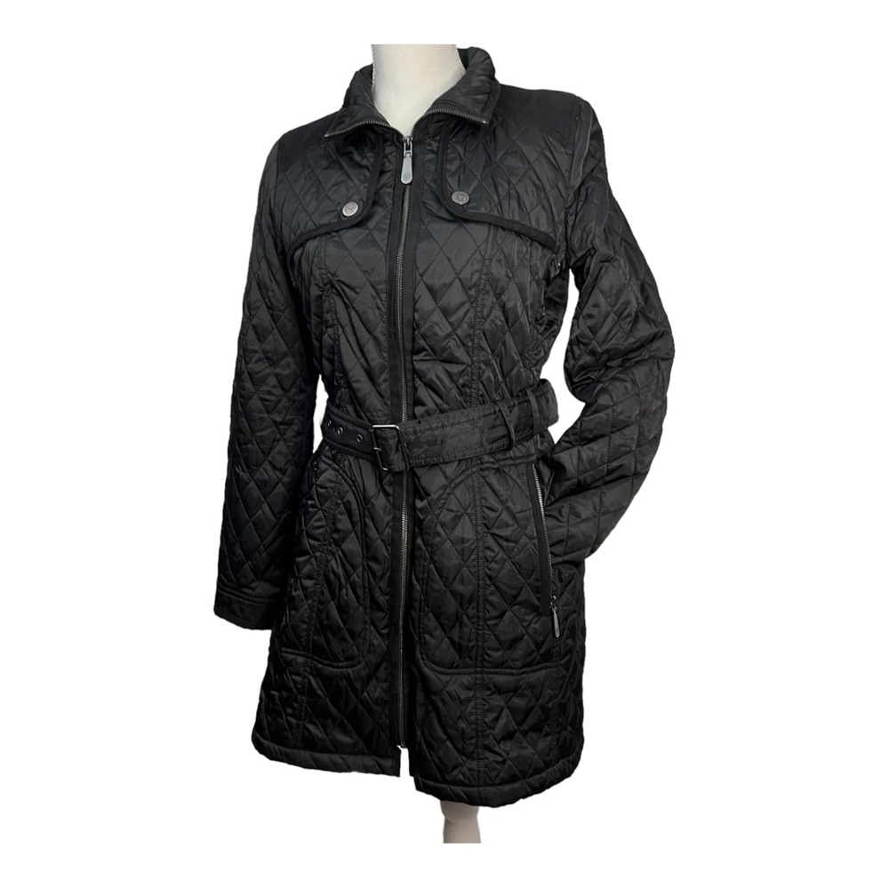 Vince Camuto Women's Quilted Jacket Size Small Belted Black Faux Suede Trim